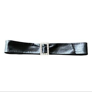 EMMANUEL Vintage Black Leather Belt Faux White Stone Buckle Made In Canada XS/S